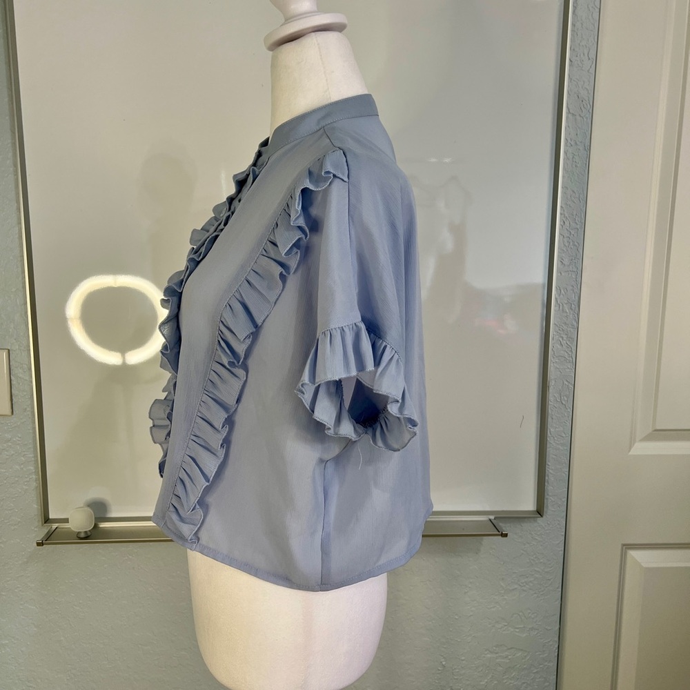 Light Blue Ruffled Button-Up Blouse - Picture 10 of 12